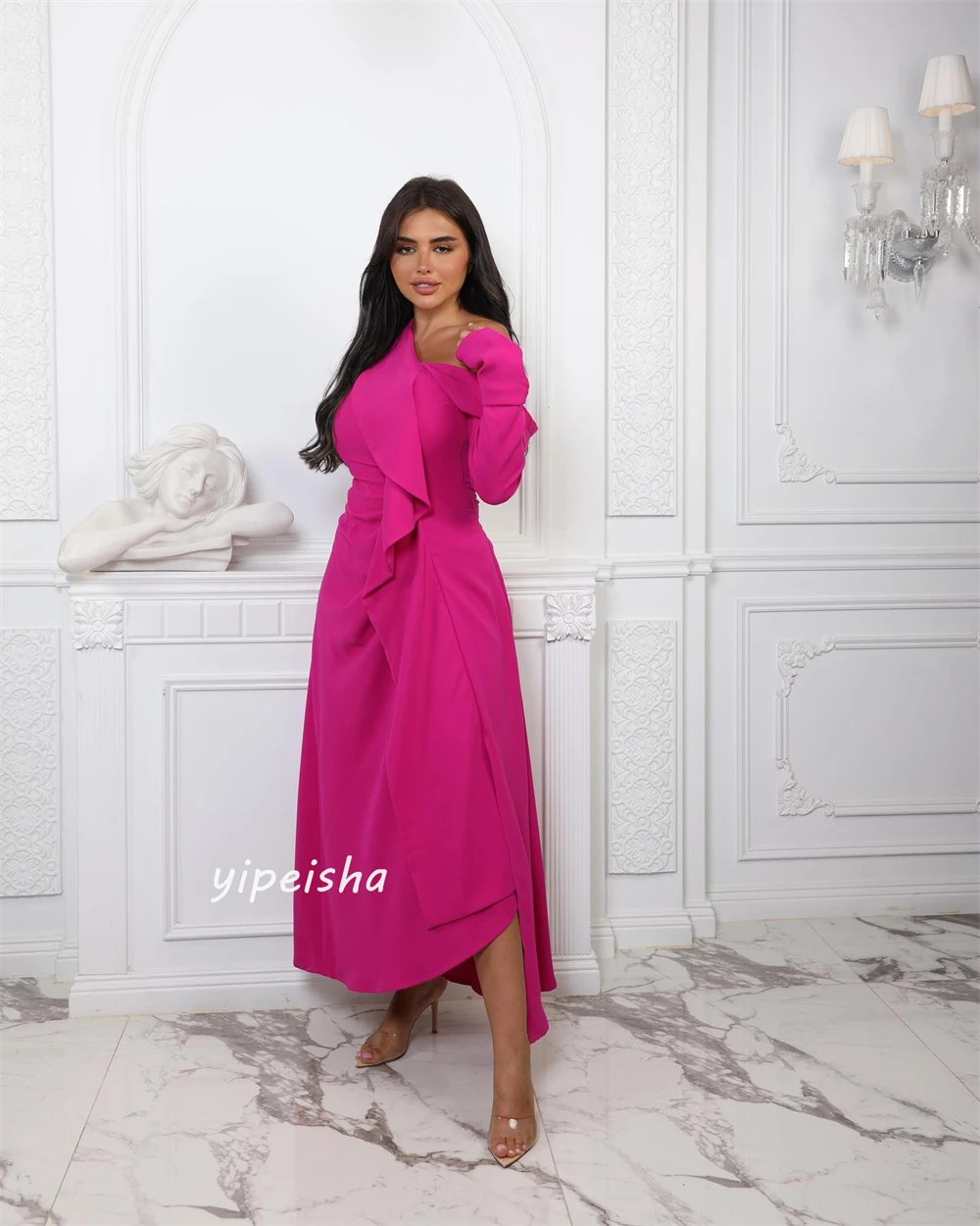    Evening Jersey Ruched Homecoming A-line One-shoulder Bespoke Occasion Gown Midi es Saudi Arabia es es