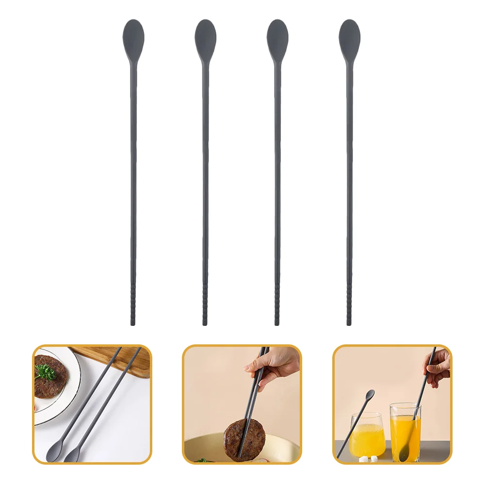 

2 Pairs Silicone Chopsticks and Spoons Kitchen Utensil Dual-end Tweezers Double-head Household Beverage Stirring Silica Gel