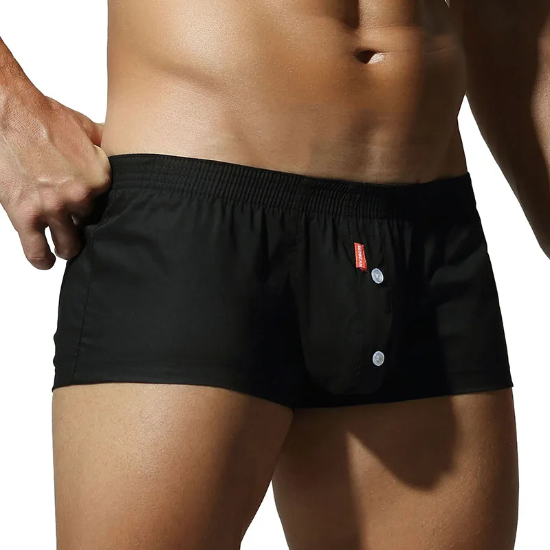 Men's pure cotton flat cornered underwear, Aro pants, button opening, solid color, sports and casual low waist slim fit, sexy