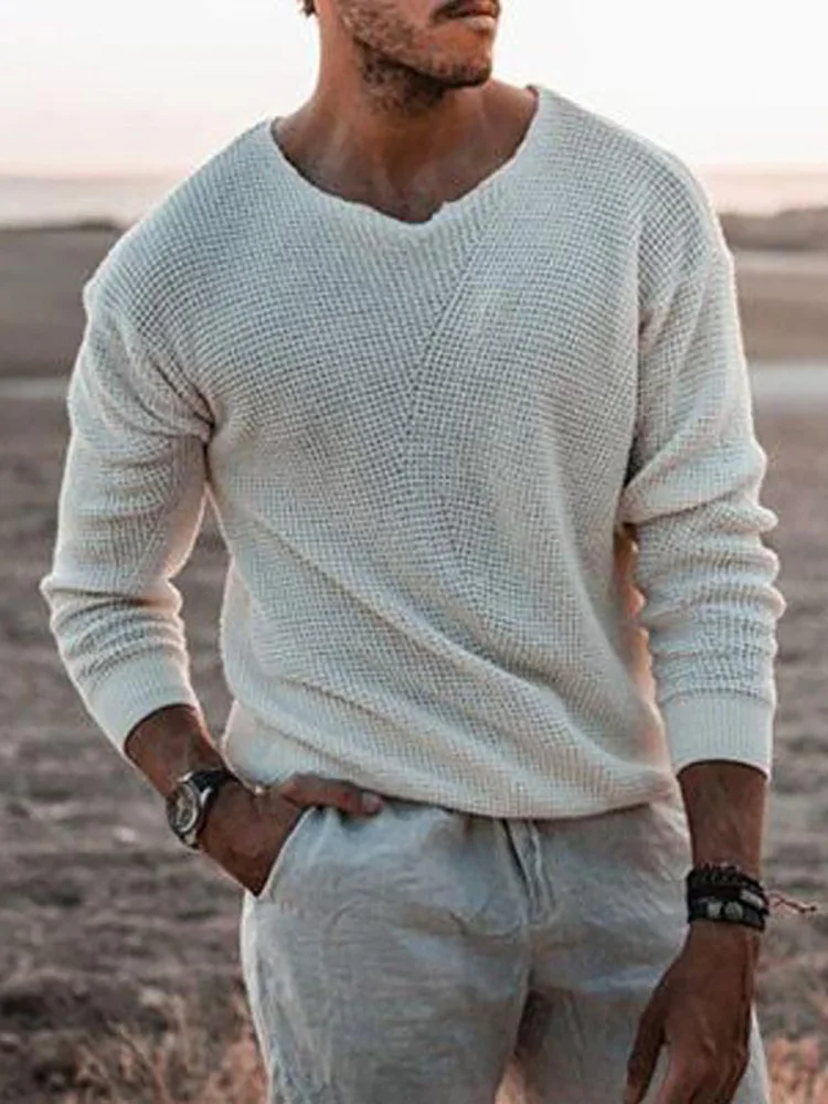 

Round Neck Young Men Long Sleeve White Tops Streetwear Patchwork Casual Male Pullovers Spring Summer Solid Slim Fit Thin Sweater