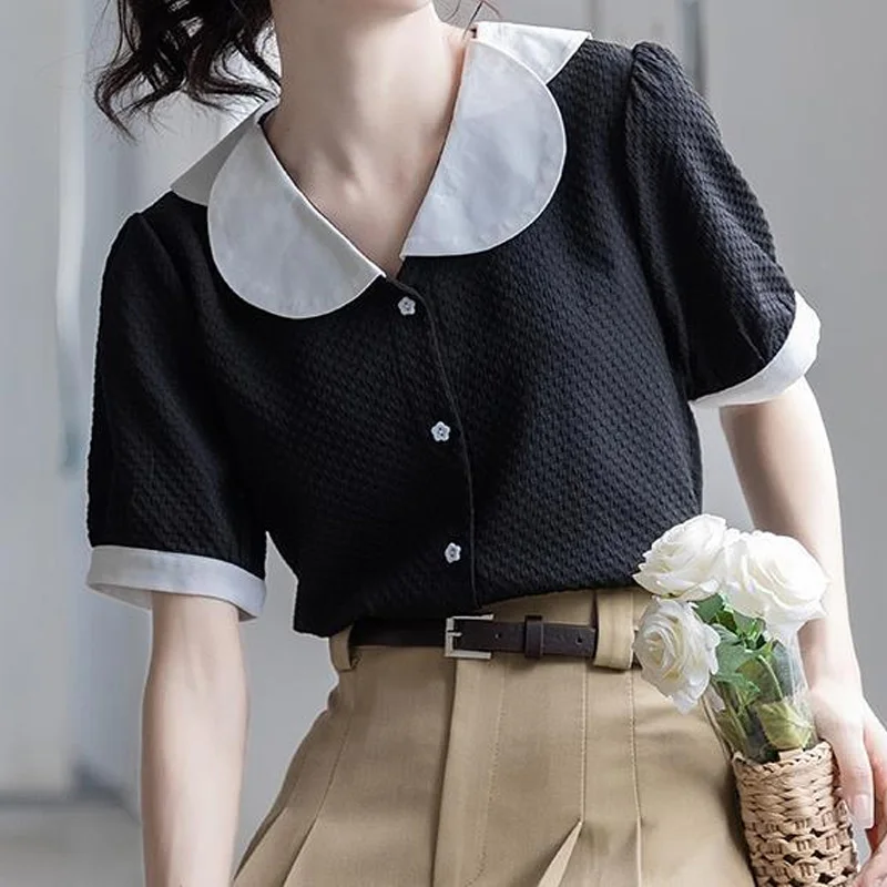 Vintage Contrast Button T Shirt Tops Summer New Short Sleeve Solid Loose All-match Fashion Shirts Casual Sweet Women Clothing