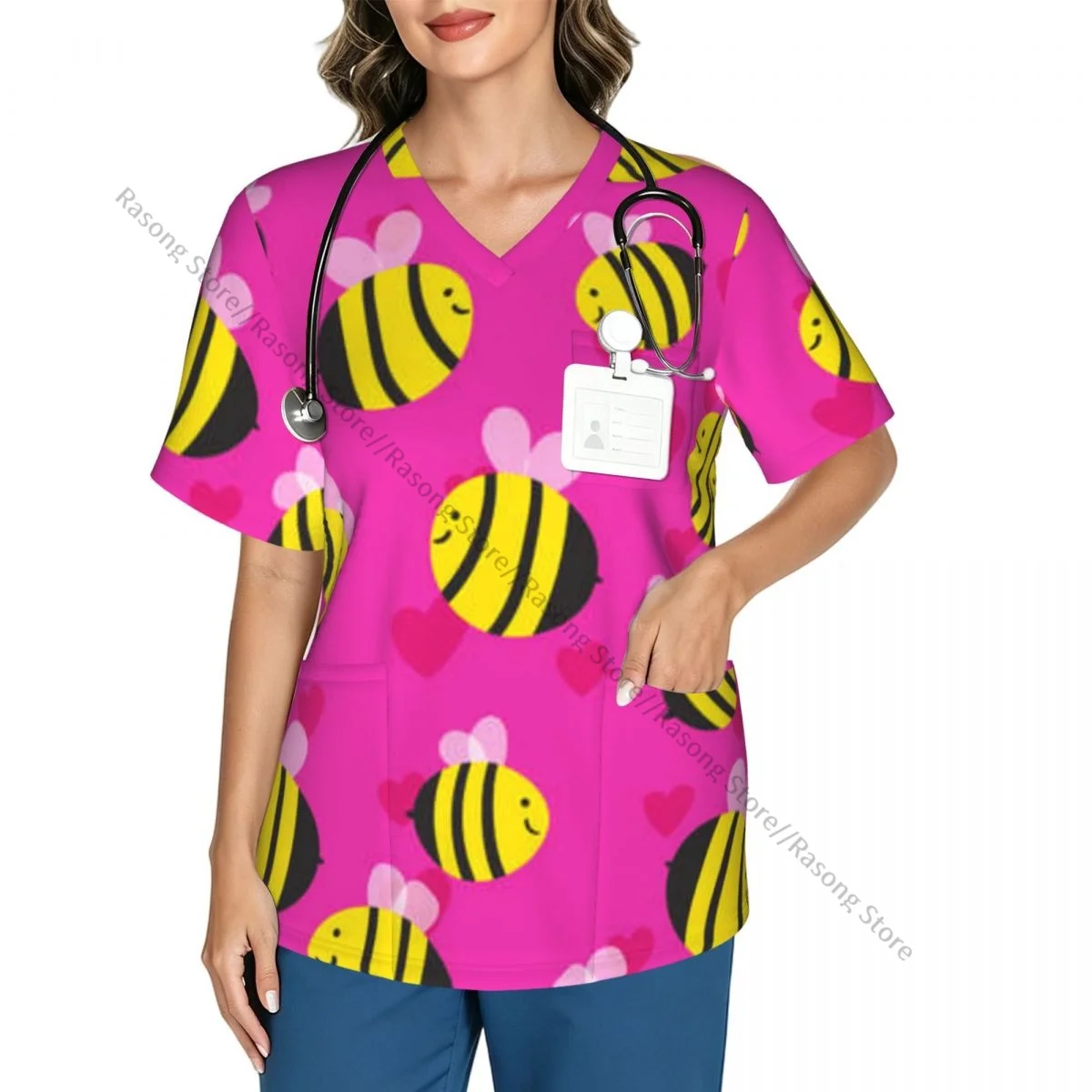 Women V Neck Scrub Top Bees And Hearts Short Sleeve Nurse Hospital Uniforms Female Working Clothes with Pocket