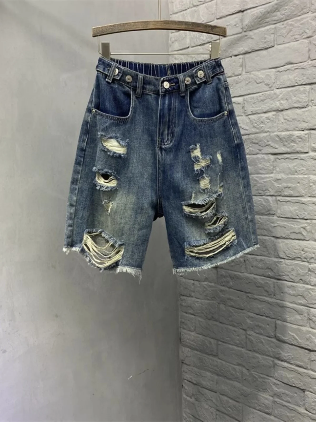 

Summer Large Size 300 Pou Ripped Denim orts Men's Loose Straight Leg Wide Leg Five-Quarter Pants Mid-Calf Youth Trend