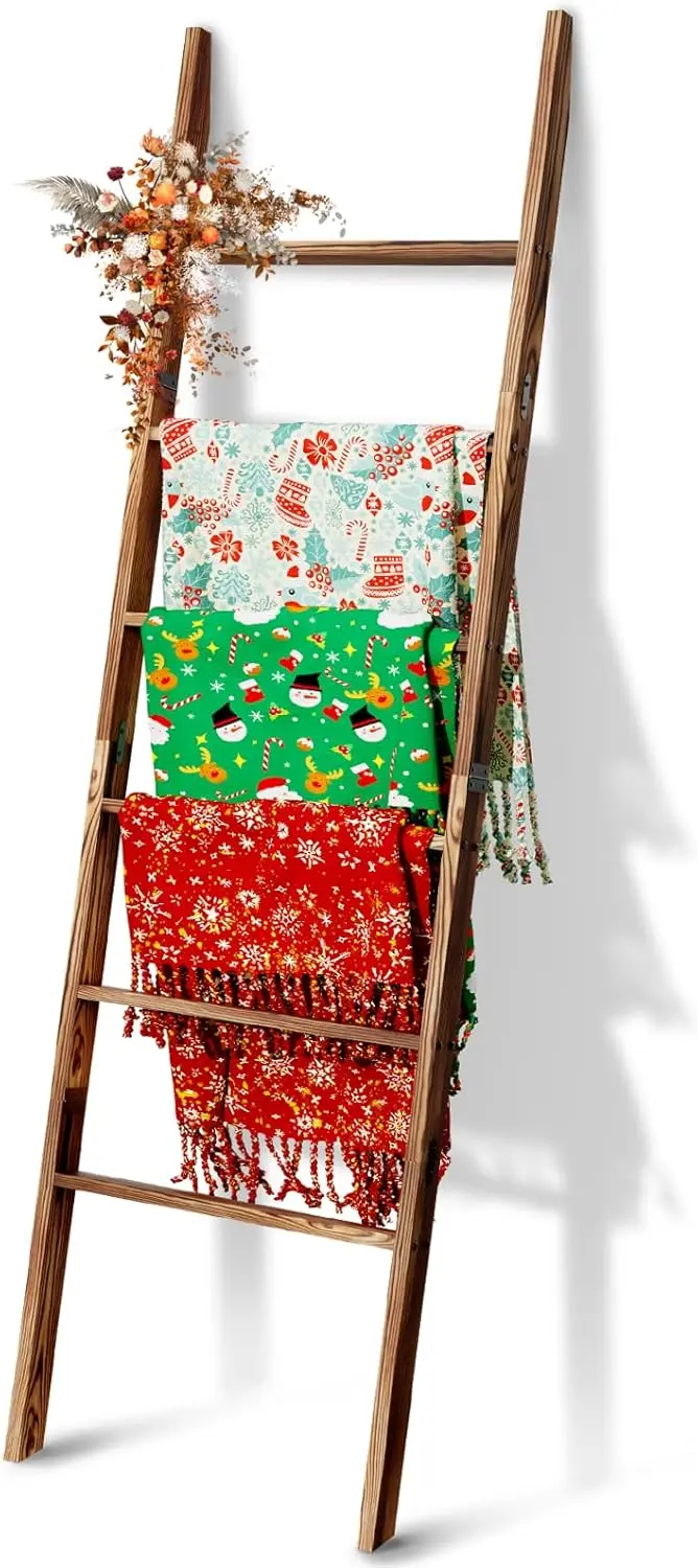 

6-Tier Wooden Blanket Ladder, 5.7ft Rustic Farmhouse Rack for Towel & Quilt Storage in Living Room & Bedroom
