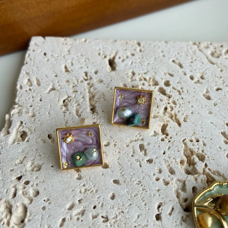 French Vintage Lavender Oil Painting Earrings for Women Natural Fresh Water Pearl Hand-painted Enamel Glamour Earrings for Women