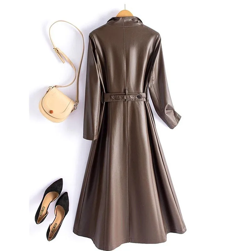 Autumn Winter New High Quality PU Leather Coat Women medium to long Slim Suit Collar Leather Jacket Female's Windbreakers Coat
