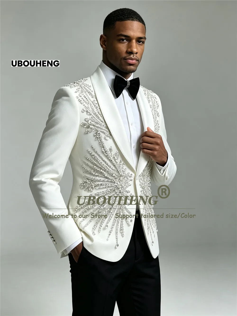 Groom Wedding Suits For Man Sparkly Beading Stones Prom Tuxedo With Black Pants 2 Pieces Groom Dinner Party Attire Ropa Hombre