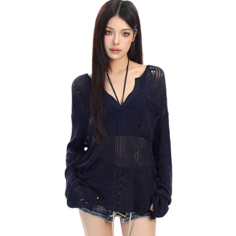 Female Personality Loose Casual Tops Women Hollow Out Blouse Knitted Retro Long Sleeve T Shirt Pullovers Sun Protection Breathab