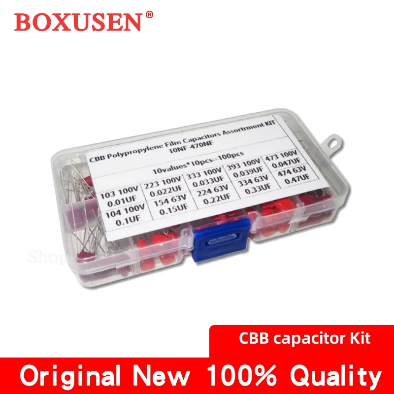 

100PCS 10Values CBB Capacitor Kit 10nF~470nF Metallized Polyester Film Capacitor Precision Stability Assortment Set