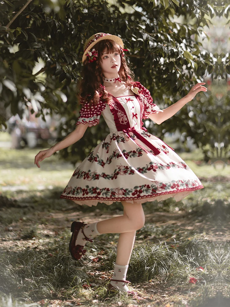 

Countryside Style Cherry Bunny Printed Dress, Summer Lolita Cosplay Japanese Sweet Loli Tea Party Short Sleeved Dress With Puji