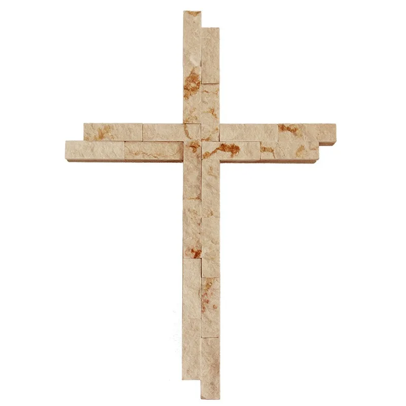 Wooden Cross Wall Hanging Decor with Stone Veneer, Christian Religious Wall Ornament, Home Church Decor Handmade Craft Gift