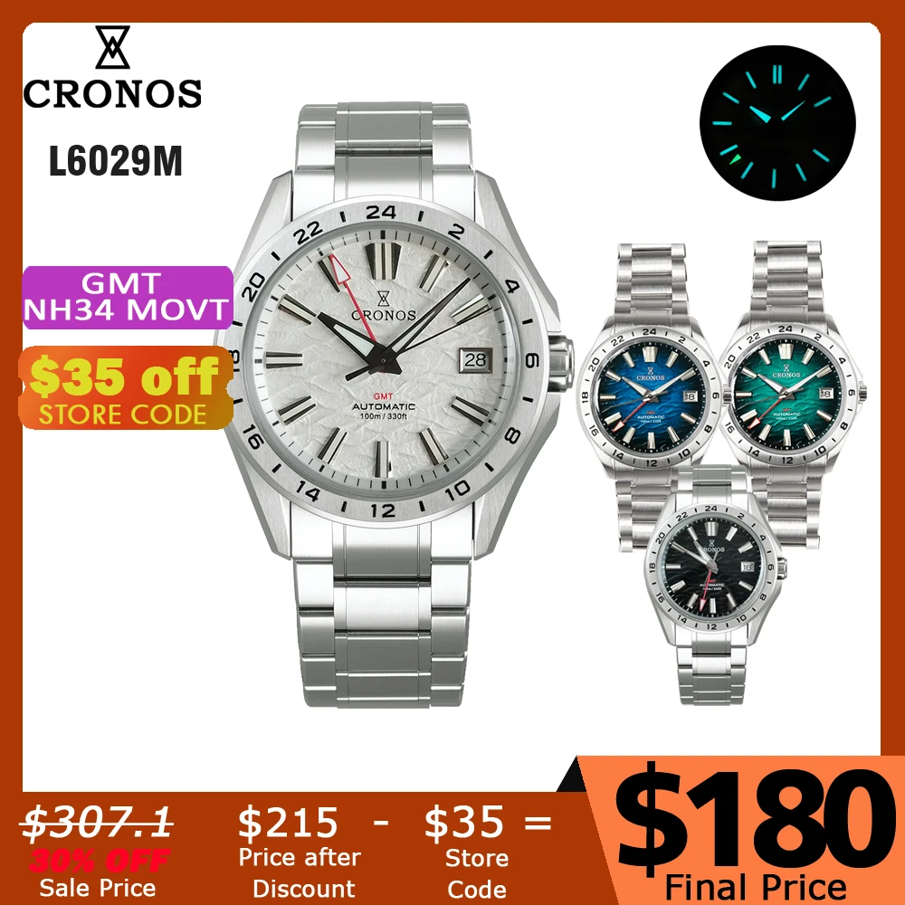 Cronos GS Mechanical Men Watch 39mm GMT NH34 Automatic Bubble Sapphire Glass Brushed Bracelet 10ATM  L6029M