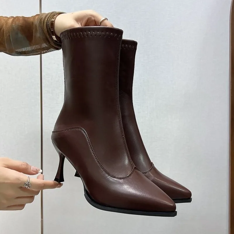 

2026 New Women's Ankle Boots Sexy Pointed Toe Woman Short Boots Fashion Causal Ladies Thin High Heel Boots Solid Color Stiletto