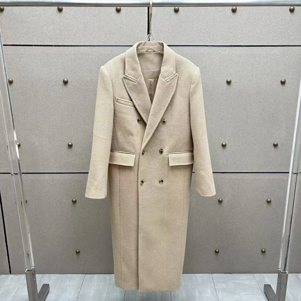 

Wool-blend Double-breasted Silhouette Coat for Women Elegant Commuter Longline Lapel Jacket 2026 Early Spring New Arrival Y2K