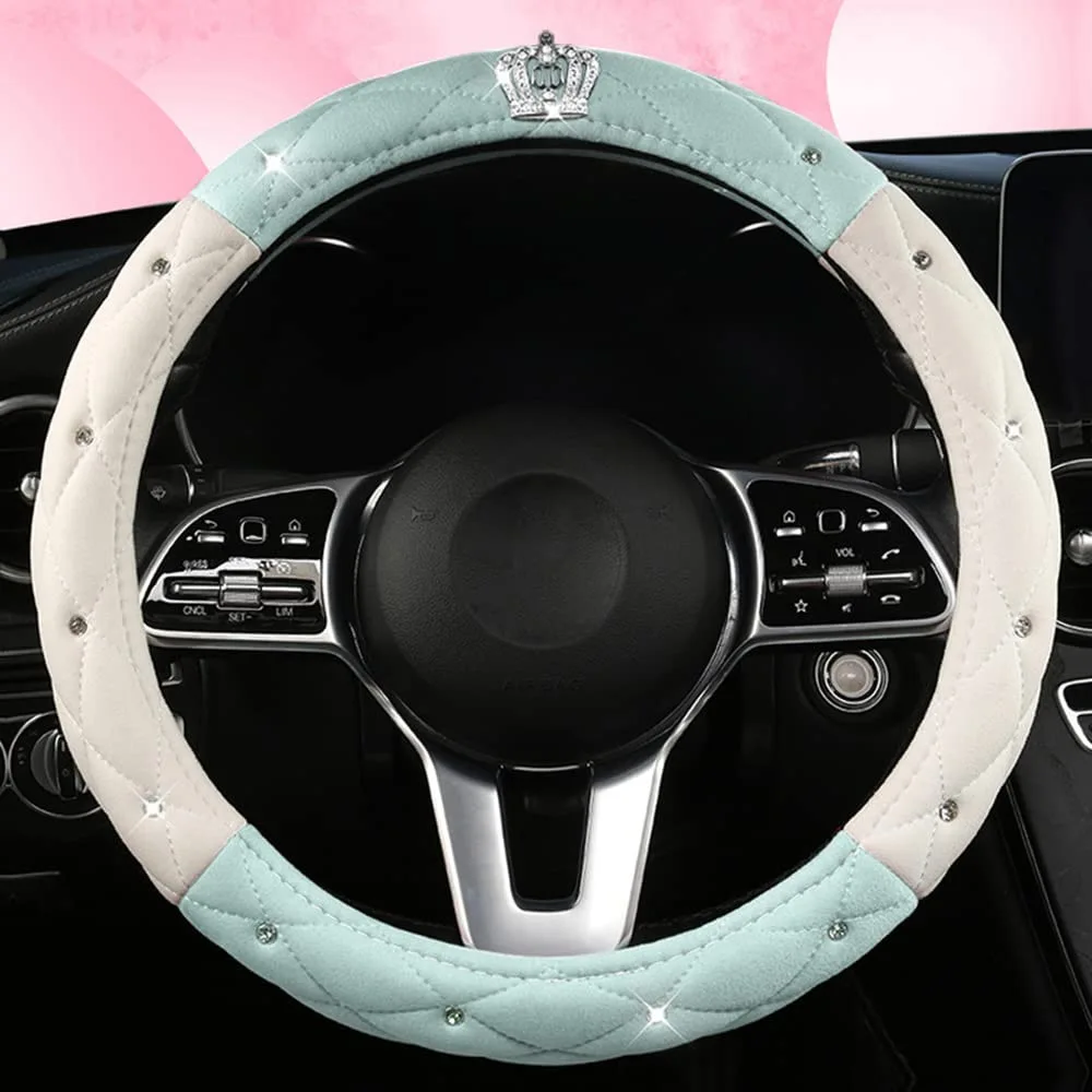Source Supply Cross-border Suede Diamond-encrusted Car Steering Wheel Cover Women's Fashion Crown Car Handlebar Cover Car Interi