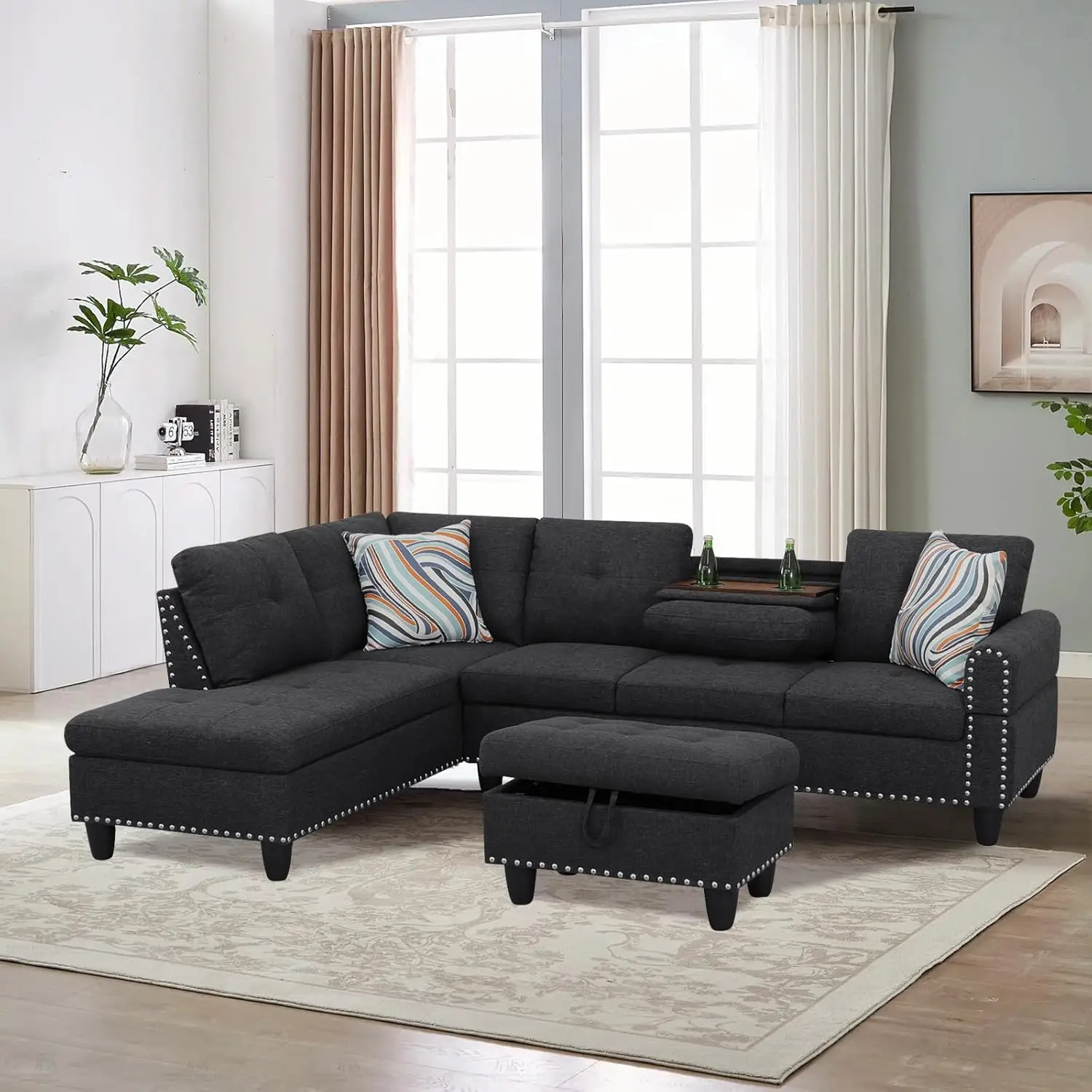 

3-Piece Black Grey Linen Sectional Sofa, L-Shape Couch, Reversible Coffee Table, Storage Ottoman, Copper-Nickel NailTrim