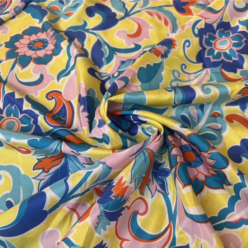 1 meter 100% Mulberry Silk 13 momme habutae habotai Silk Fabric Yellow Floral Printed 110cm 44\