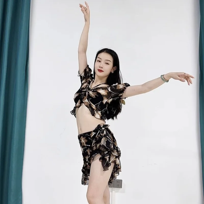 ที่กําหนดเอง Belly Dance ชุดพิมพ์ตาข่าย Drawstring Bubble Sleeve Top Tie ลูกไม้สะโพกผ้าพันคอกระโปรงน่ารักชุดเครื่องแต่งกาย Bellydance