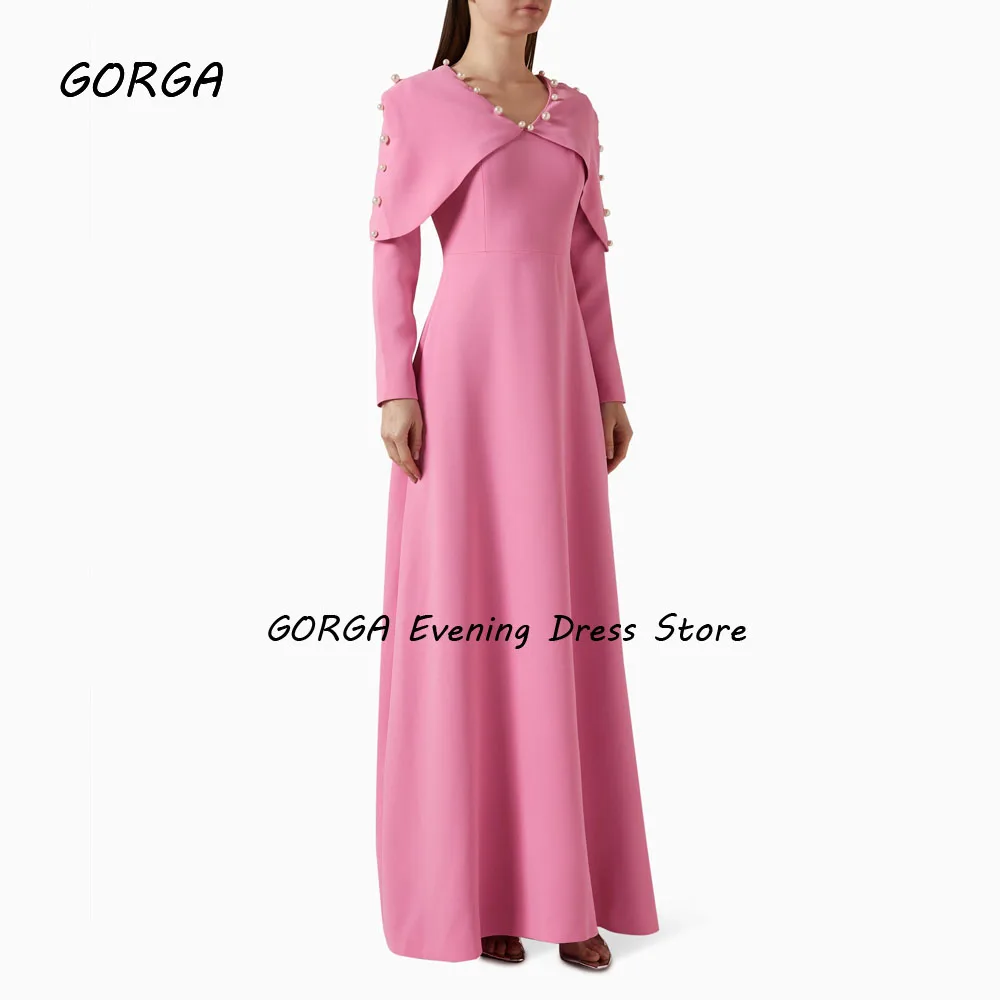 GORGA Simple Dusty Pink V-Neck A-LINE 2024 Slim Crepe With Pearls Long Sleeves Ocassion Gown Ankle-Length Formal Evening Dress