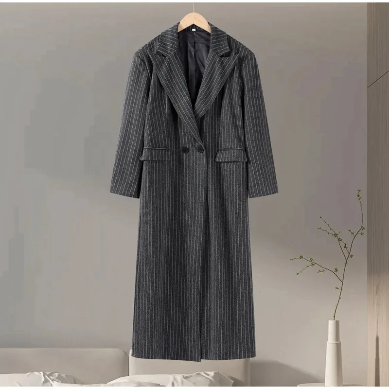 Women's Coat Jacket Stripe Turn-Down Collar Dropped Shoulders Female Jackets Oversized Classic Autumn Long Coats For Ladies