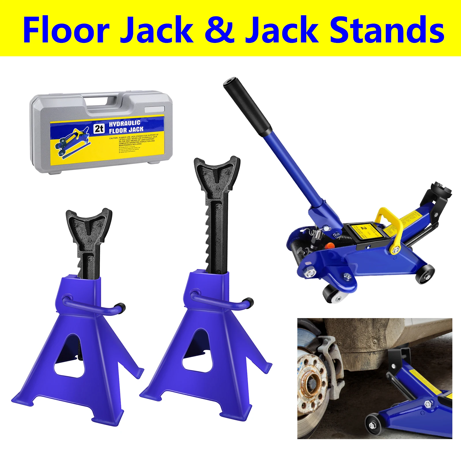 رافعة أرضية هيدروليكية 2 طن و3 طن جاك تقف كومبو، مقبس رفع عربة محمول شديد التحمل من الفولاذ قابل للتعديل لإصلاح إطارات السيارة