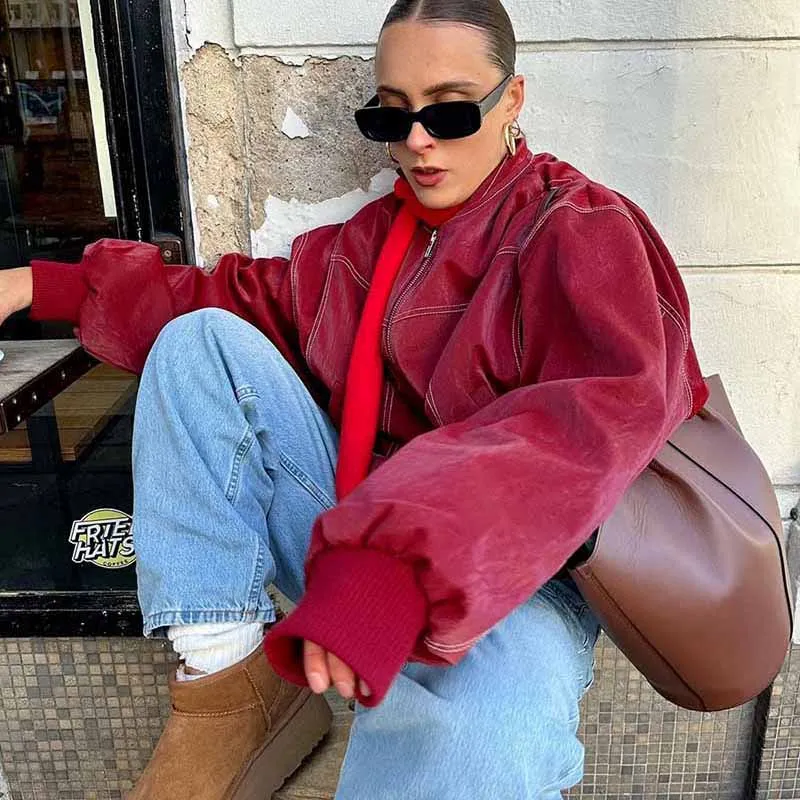 Mode Streetwear Rits Pu Leren Jas Vrouwen Vintage Contrast Steek Revers Jas Dames 2024 Herfst Winter Trendy Jas