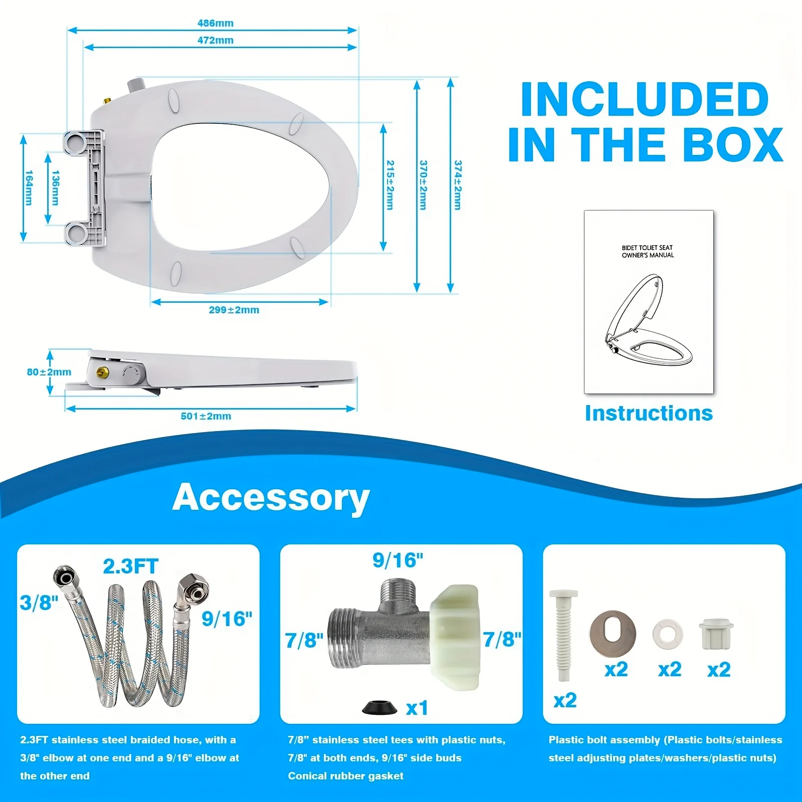 Non-Electric Elongated Bidet Toilet Seat with Dual Nozzle - Front & Rear Wash, Quiet-Close Lid, Adjustable Pressure, Easy Installation, Hygienic Fresh Water Bidet