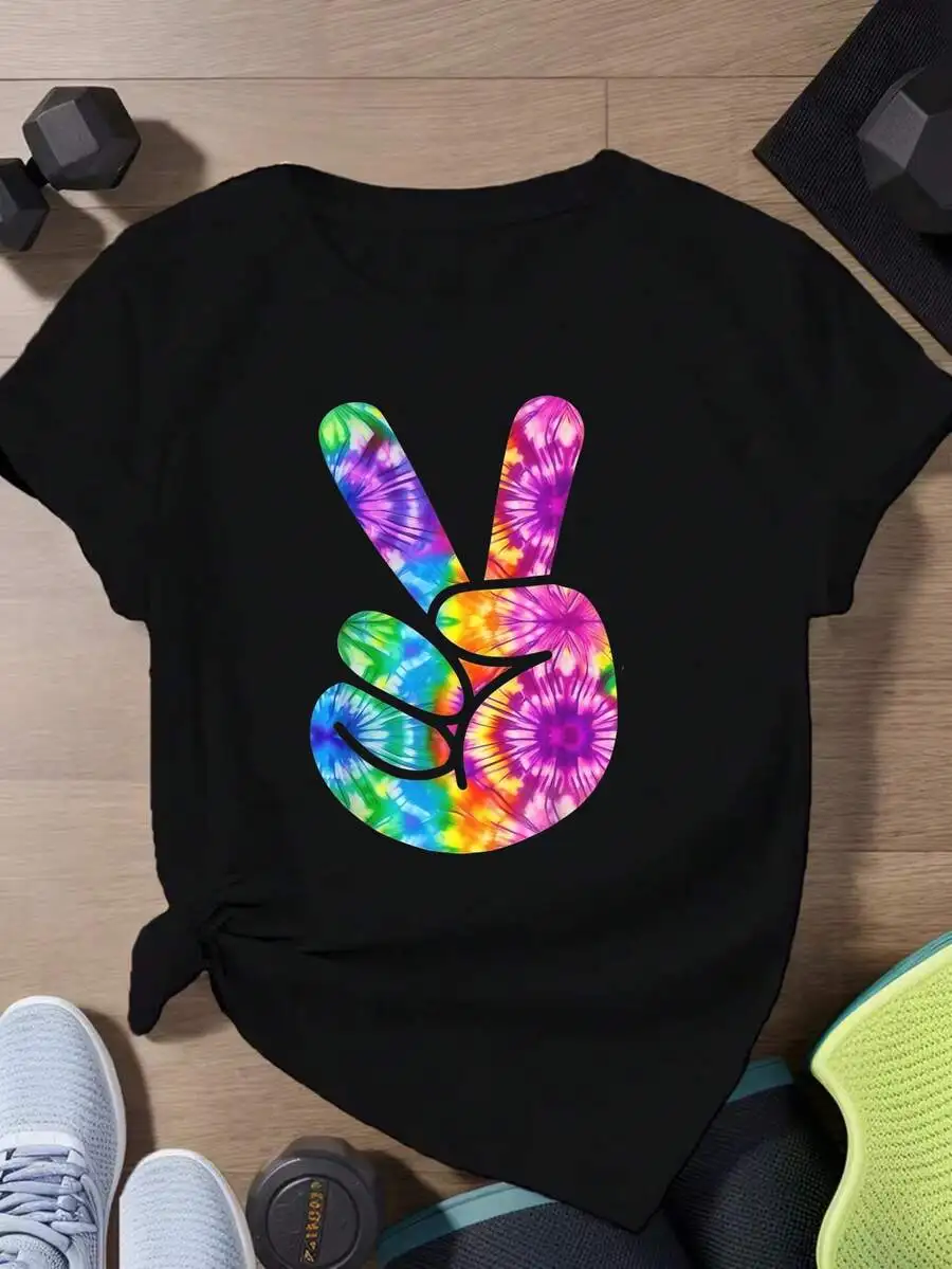 Camiseta de manga corta con estampado gráfico de signo de la paz Tie Dye, ropa informal holgada de verano para mujeres y hombres