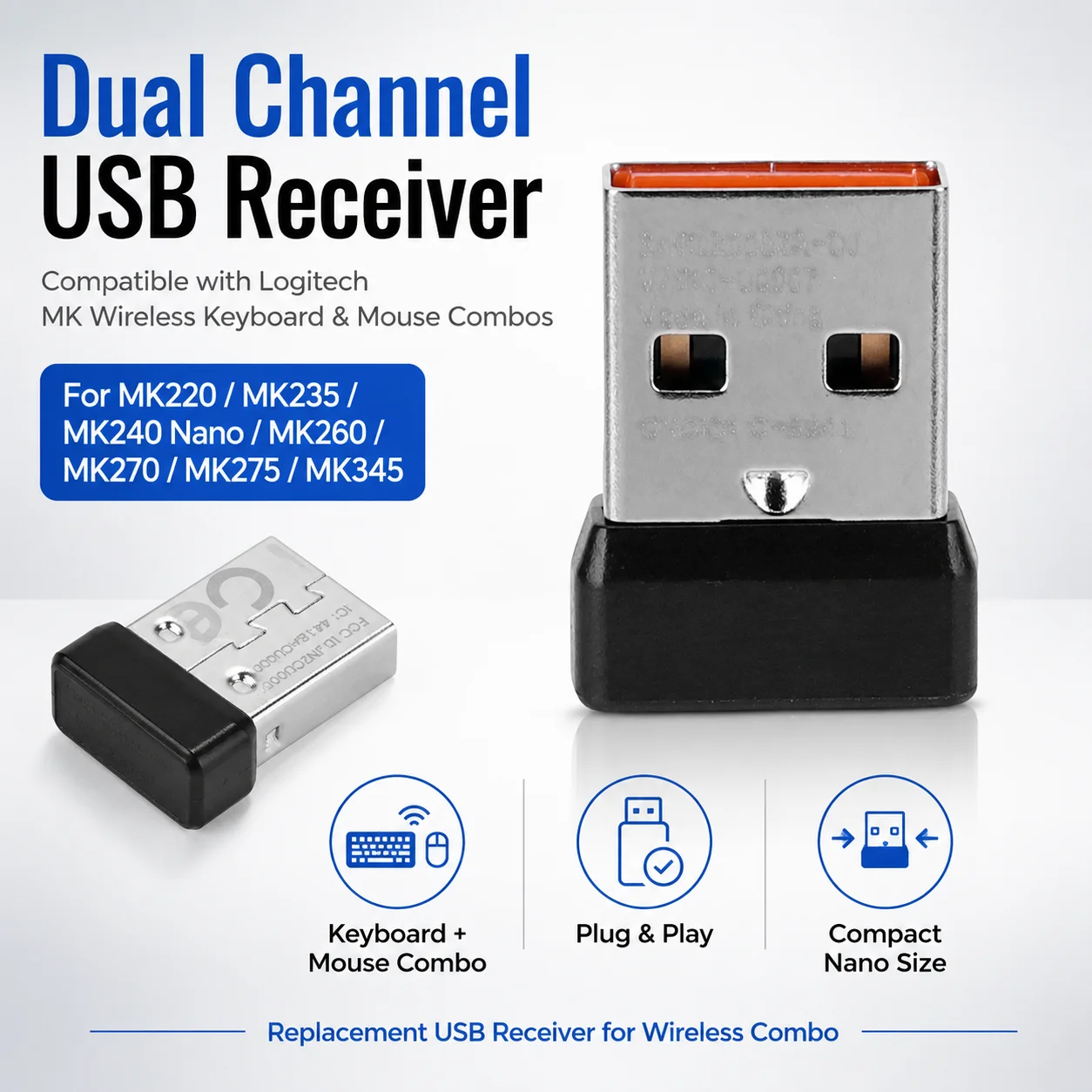 Dual Channel USB Receiver for Logitech MK220 MK235 MK240 Nano MK260 MK270 MK275 MK345 Wireless Keyboard Mouse Combo Adapter