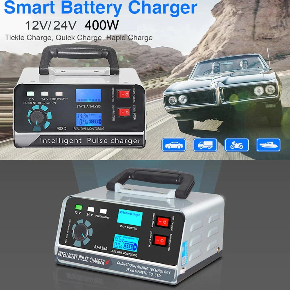 Carro 400w 40a carregador de bateria inteligente 12v/24v carregador de bateria automotiva gotejamento reparação de pulso inteligente para carro caminhão barco motocicleta