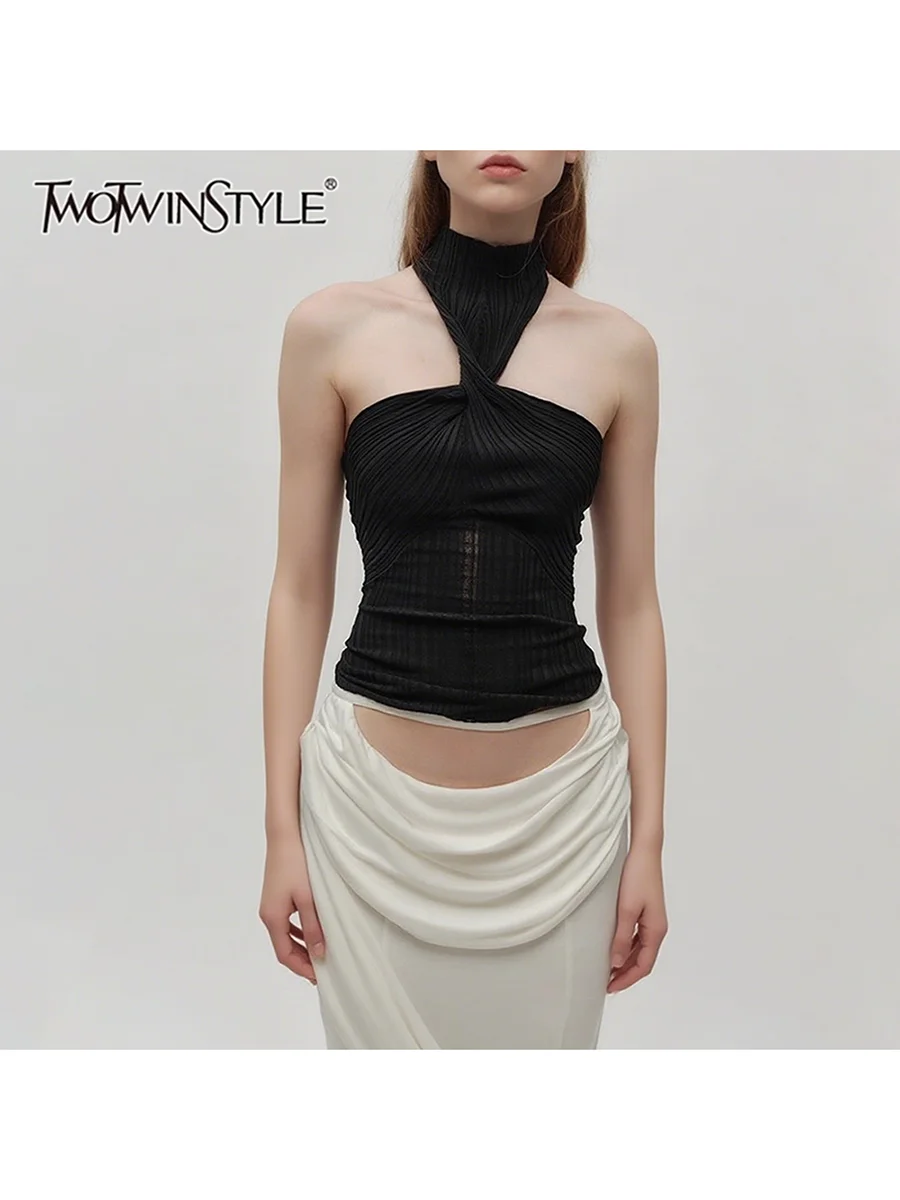 

TWOTWINSTYLE Solid Slimming Spliced Striped Minimalist Vests for Women Halter Sleeveless Patchwork Folds Fashion Vest Female New