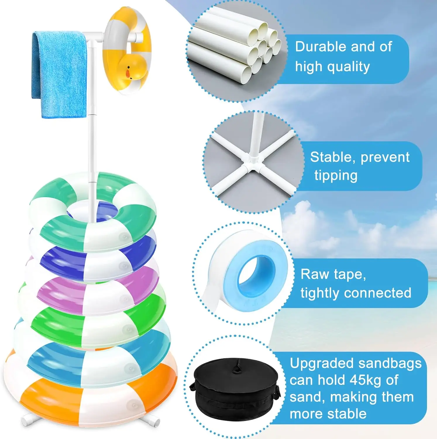 Estante de almacenamiento para flotador de piscina, soporte para flotador de piscina con bolsa de arena, peso de 60 "x 24", estante para anillos de natación de PVC, organizador de almacenamiento de toallas para piscina, 1 ud.