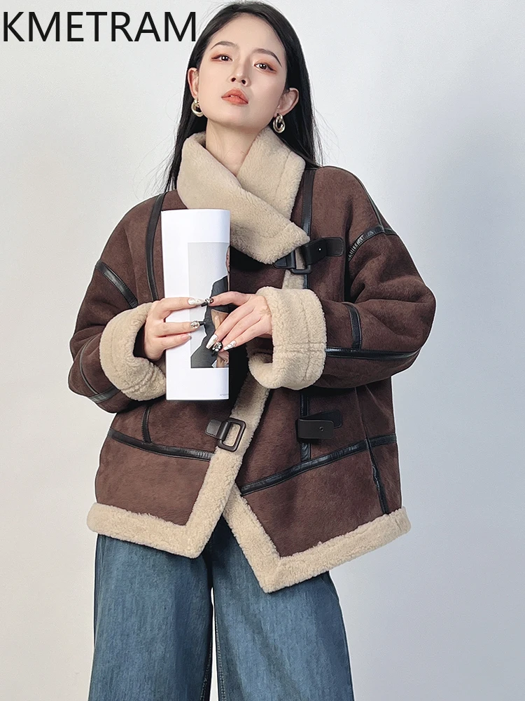 Natural Merino Sheepskin Wool Double Faced Fur Jacket Women Large Lapel Motorcycle Real Fur Coat Winter Woman Clothing 2025 шуба