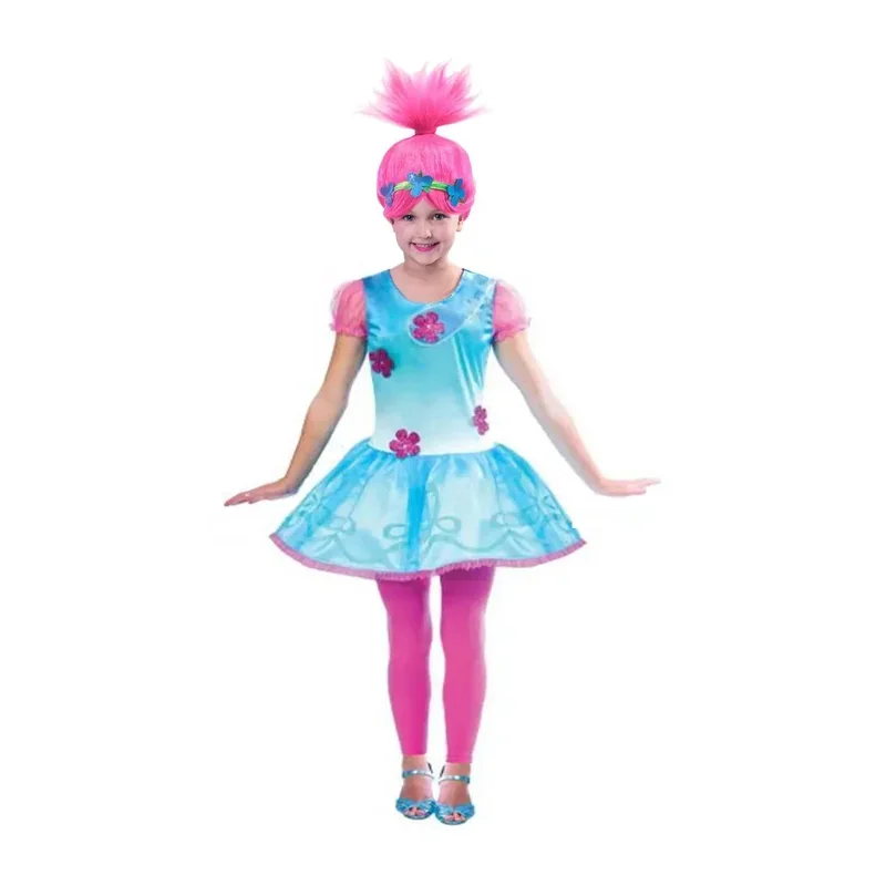 Baby Girls Dresses Trolls Poppy Cosplay Costumes Summer Dress For Girls Halloween Kids Fancy Birthday Party Dress with Wig Set