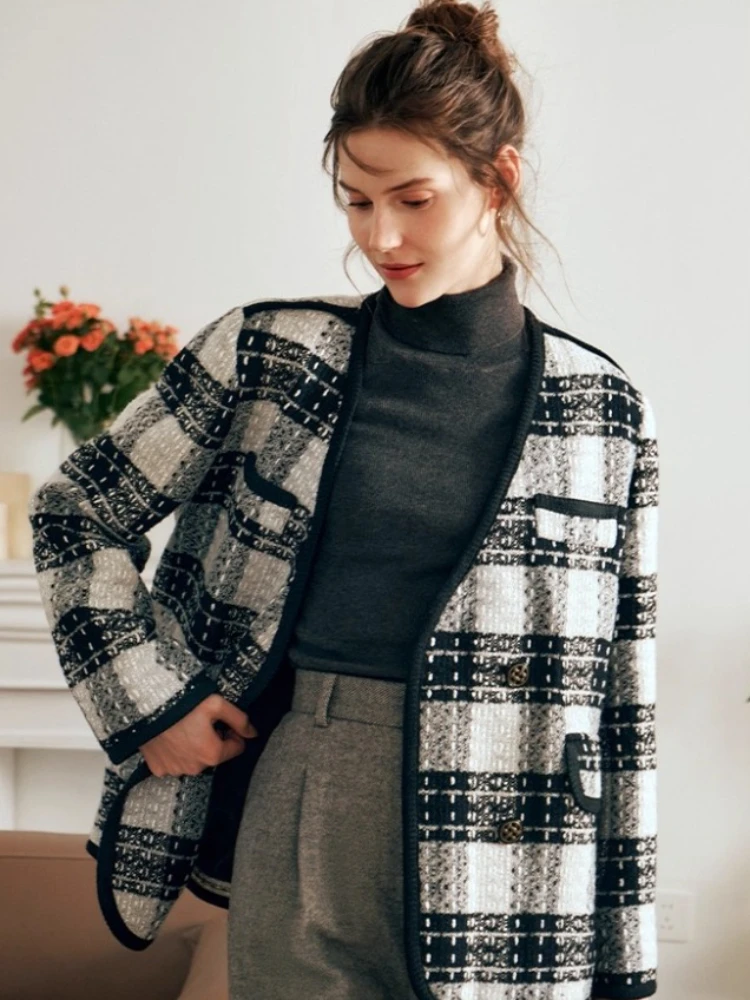 Jaket Wanita OLrain Blends 2025 Musim Gugur Terbaru Musim Dingin Mantel V-neck Elegan untuk Kerja Santai Longgar Motif Kotak-kotak Pakaian Luar Wanita G23DN65988