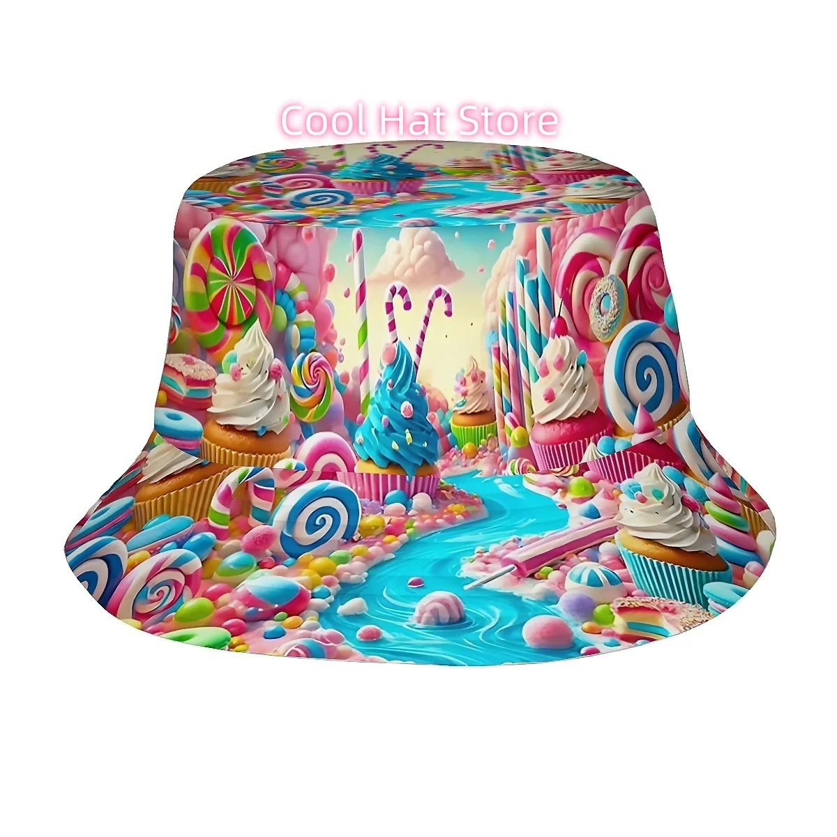 1pc Colorful Candy Paradise Pattern Unisex Printed Fisherman Hat, Stylish Hat with Fun Personality, Outdoor Vacation Golf Beach