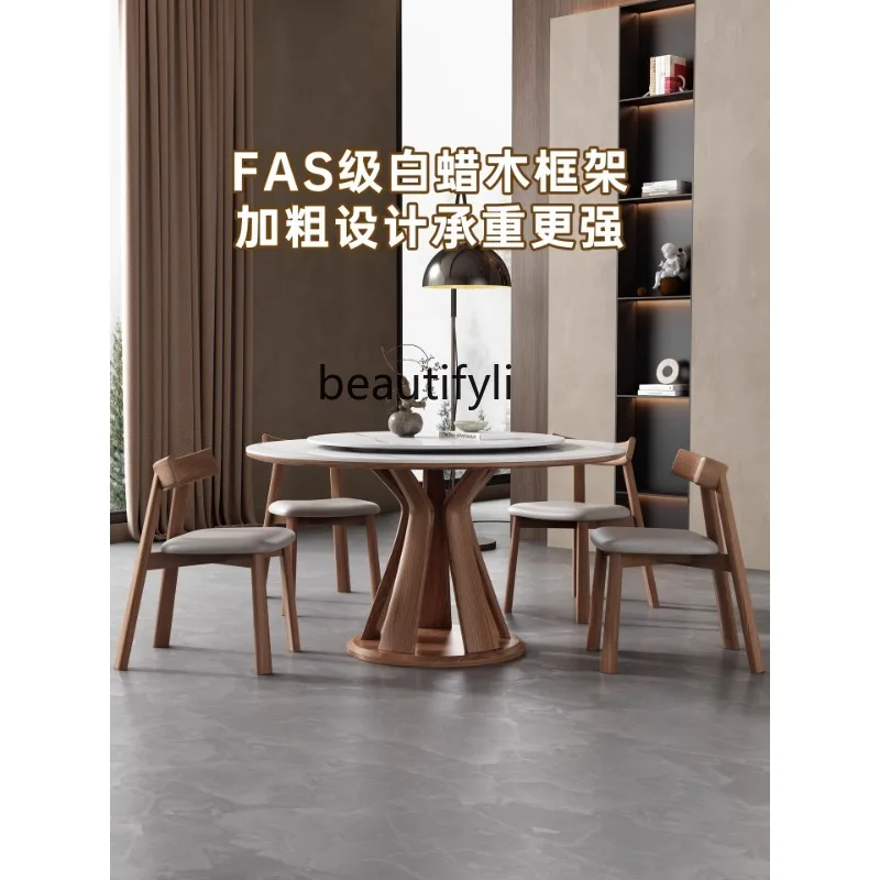 

Rock slab dining table and chair combination household ash wood round with turntable solid wood dining table