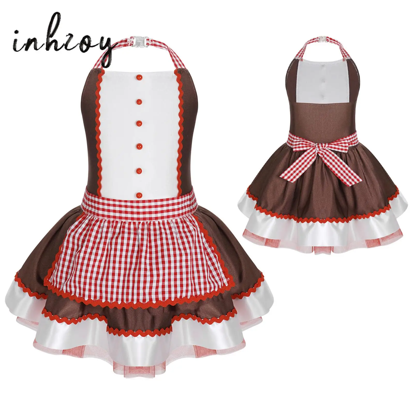 

Kids Girls Christmas Gingerbread Holiday Fancy Party Dress Striped Halter Apron Leotard Bodysuit Dress Ballet Skating Dancewear