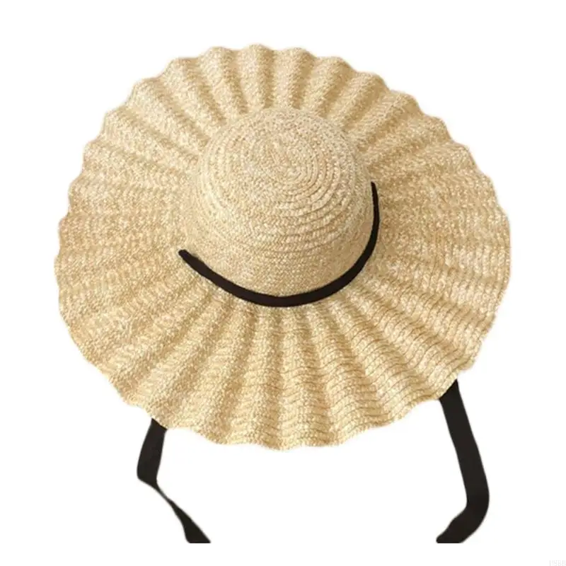 

P88B Wide Brim Straw Hat with Ribbon Wavy Pattern for Sun for Protection Outdoor Beac