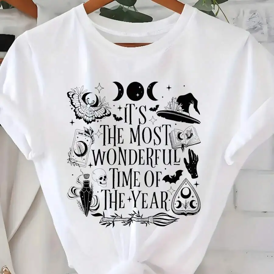Women's Halloween Moon Witch Hat Bat Skull Broomstick Print Holiday Party Daily Wear Casual Short Sleeve Crew Neck Graphic T‑Shirt Tee Top