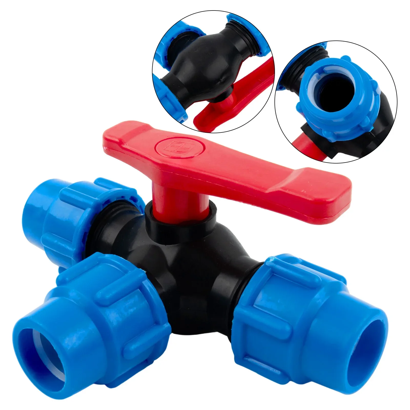 1pcs PE Black+Blue Pipe 3-Way Ball Valve 20/25/32/40/50mm Plastic Valve Ball Valve Valve Plumbing  Fixtures