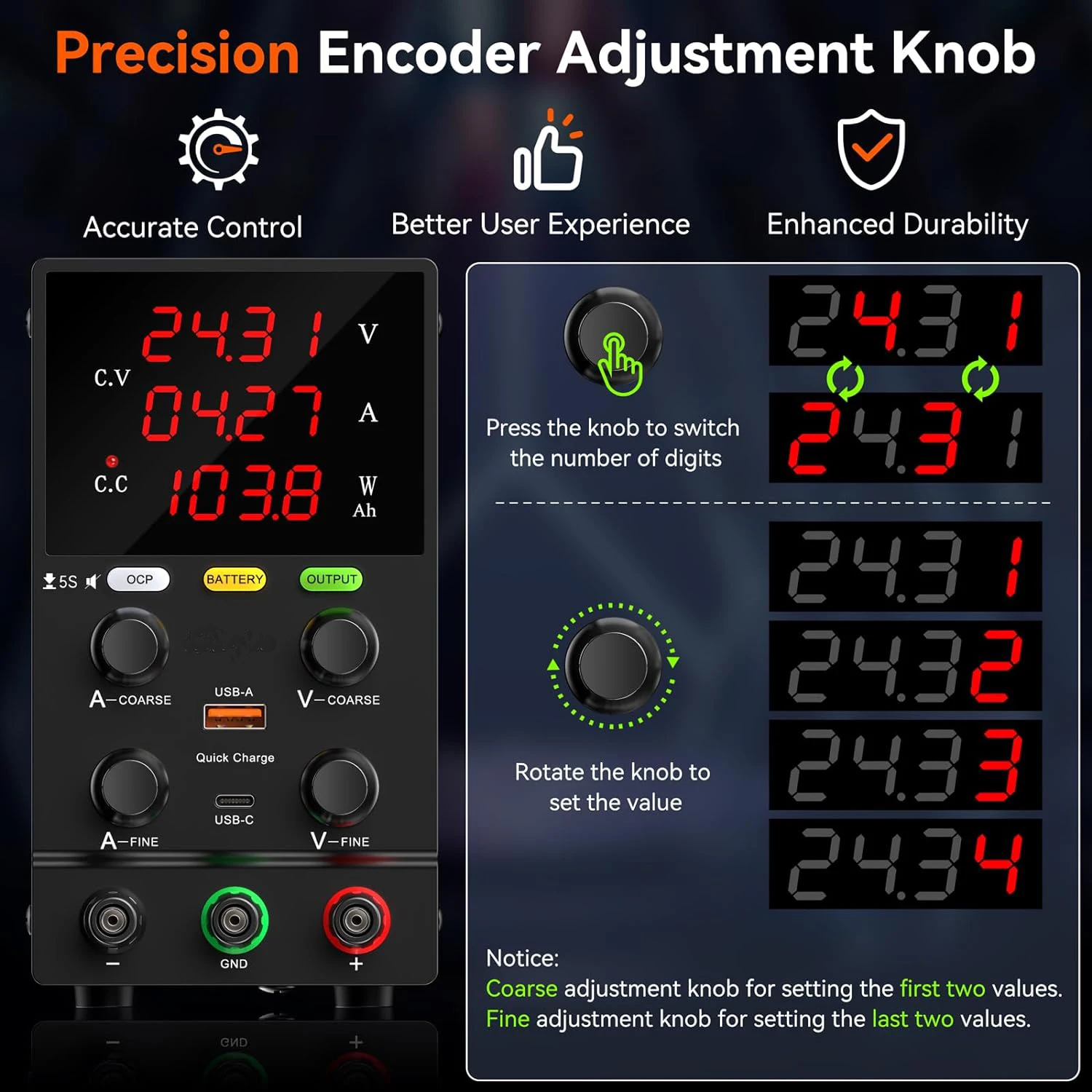 Imagem -03 - Nice-power-battery Charging Fonte de Alimentação dc Ajustável Mais Novo 30v 5a 10a Ocp Output Preconjunto Current Encoder Knob Usb-a Usb-c 120v