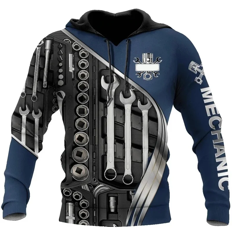 Moletom Masculino com Capuz, Camiseta Vintage, Roupas de Outono, Estampa 3D de Mecânico, Moda Casual de Rua, Hoodies Oversized, Pullover