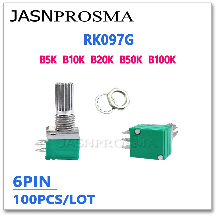 JASNPROSMA RK097G 100 шт. B5K B10K B20K B50K B100K 6PIN 5K 10K 20K 50K 100K потенциометр 15 мм двойной усилитель звука уплотнение