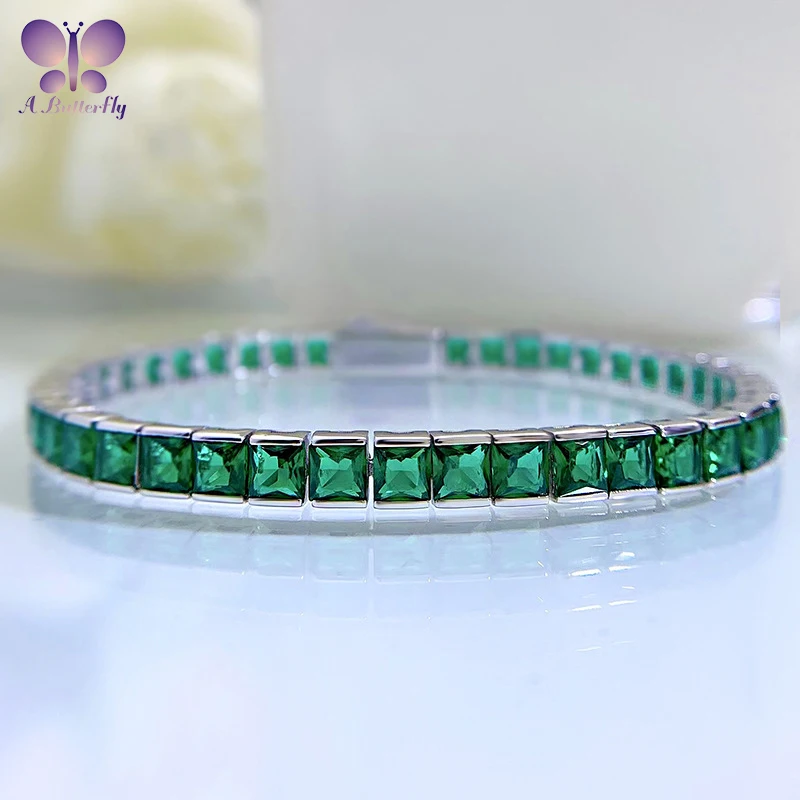 

AButterfly 100% Sterling Silver Square Tennis Bracelet 4*4mm SONA Simulated Emerald Birthday Gift for Women High Jewelry