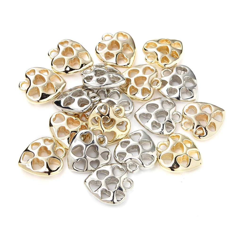 18x20mm 50Pcs/pack Openwork CCB Charms Gold Silver Color Love Heart Pendants for Diy Making Necklace Accessories