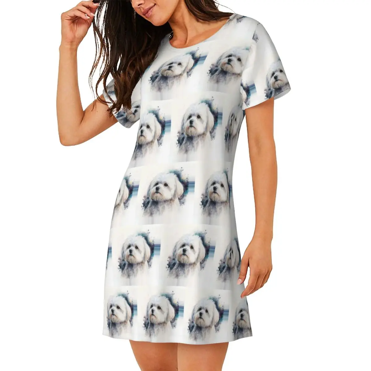 Custom Maltese Dog Art Short Sleeves Nightdress For Sleeping Sleepshirts Women Short Sleeve Nightgowns Soft Pajama Dress