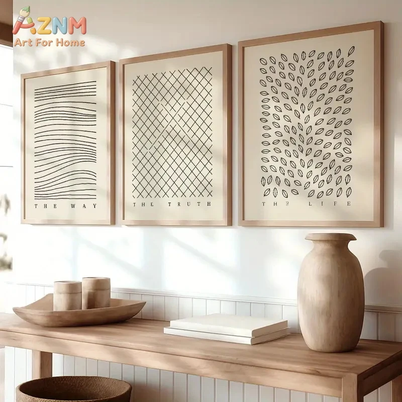 Lot de 3 tableaux sur toile « The Way The Truth The Life » – Art minimaliste en ligne – Décoration murale neutre sans cadre pour la maison