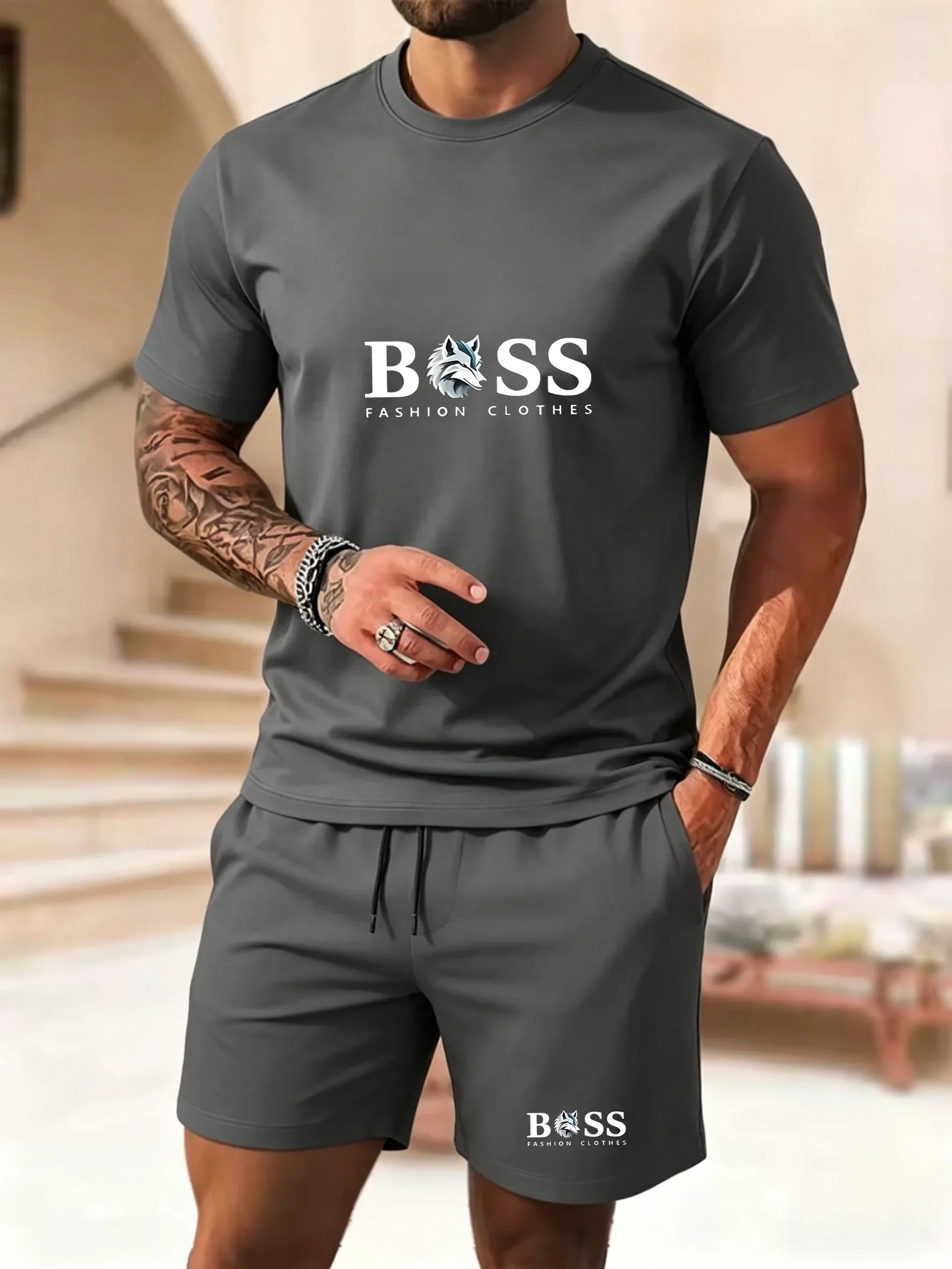 Latest hot selling Men two-piece sportswear short sleeved T-shirt and pants set running fitness sportswear 2026 summer promotion view 6