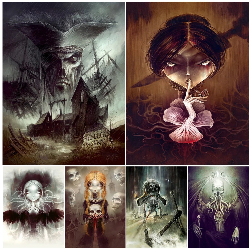 The Raven Mermaid,Pirate Undead,Horror Silence Gothic Wall Art Canvas Print Bat Dragon Art Poster Print Home Decoration Unframed